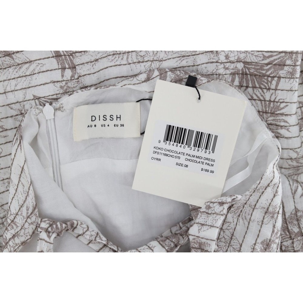 NWT DISSH WOMEN SIZE 4 KOKO CHOCOLATE PALM MIDI DRESS/ Beige White Flora Linen - Picture 10 of 12
